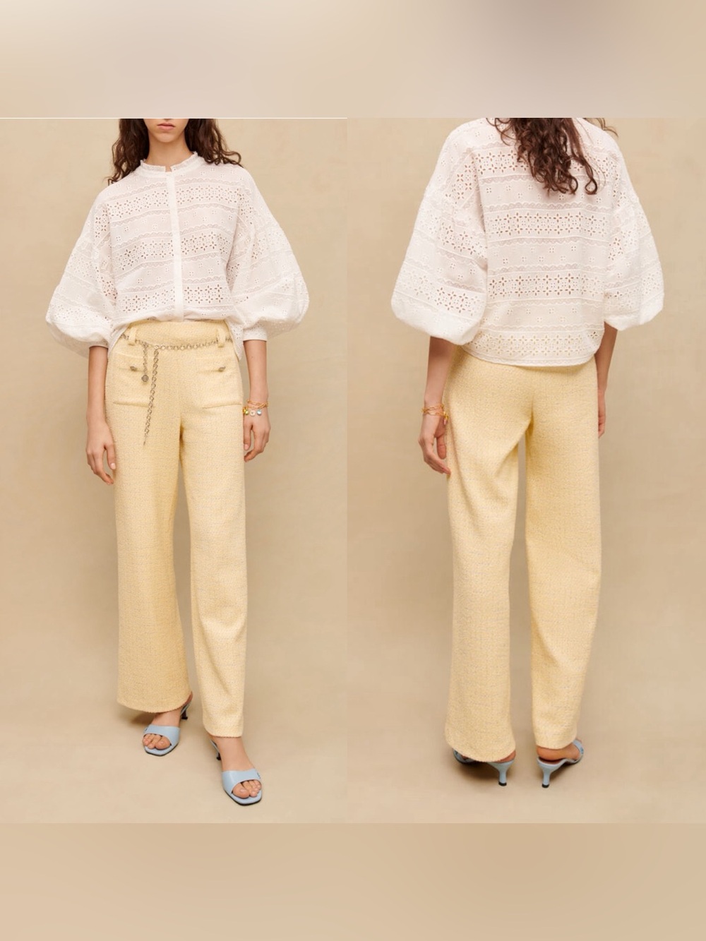 Maje Yellow Tweed Belted Trousers